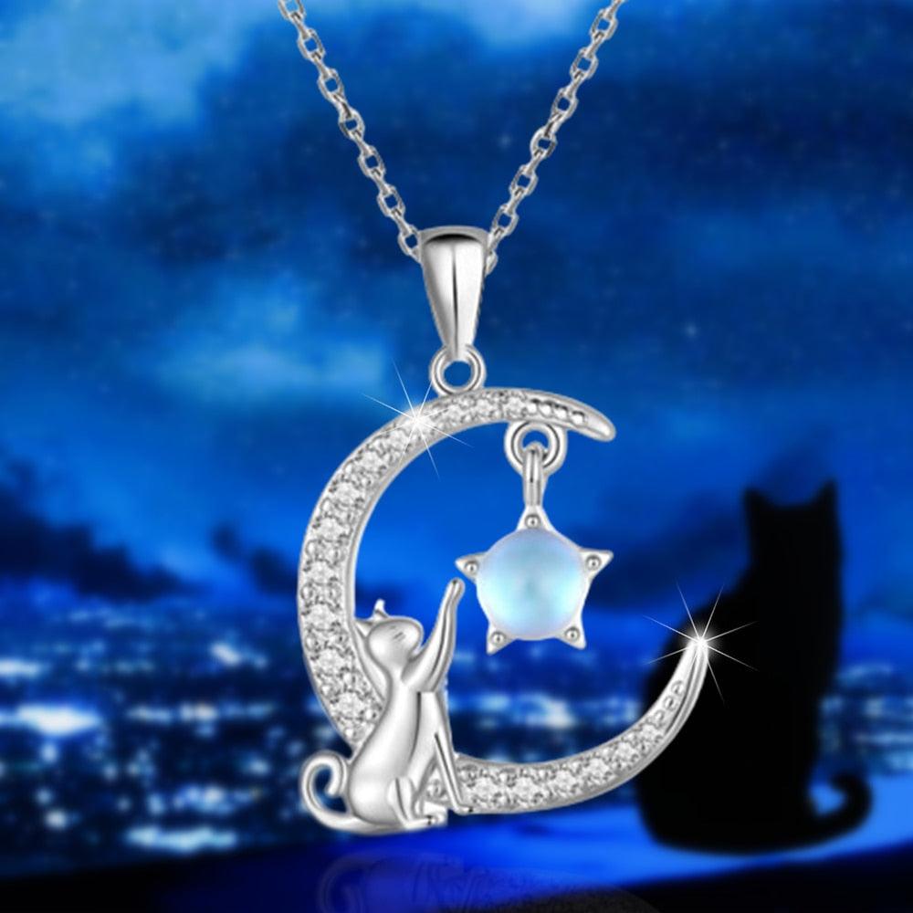 Cat with Moon and Star, Moonstone and Rhinstones Pendant Necklace - Just Cats - Gifts for Cat Lovers