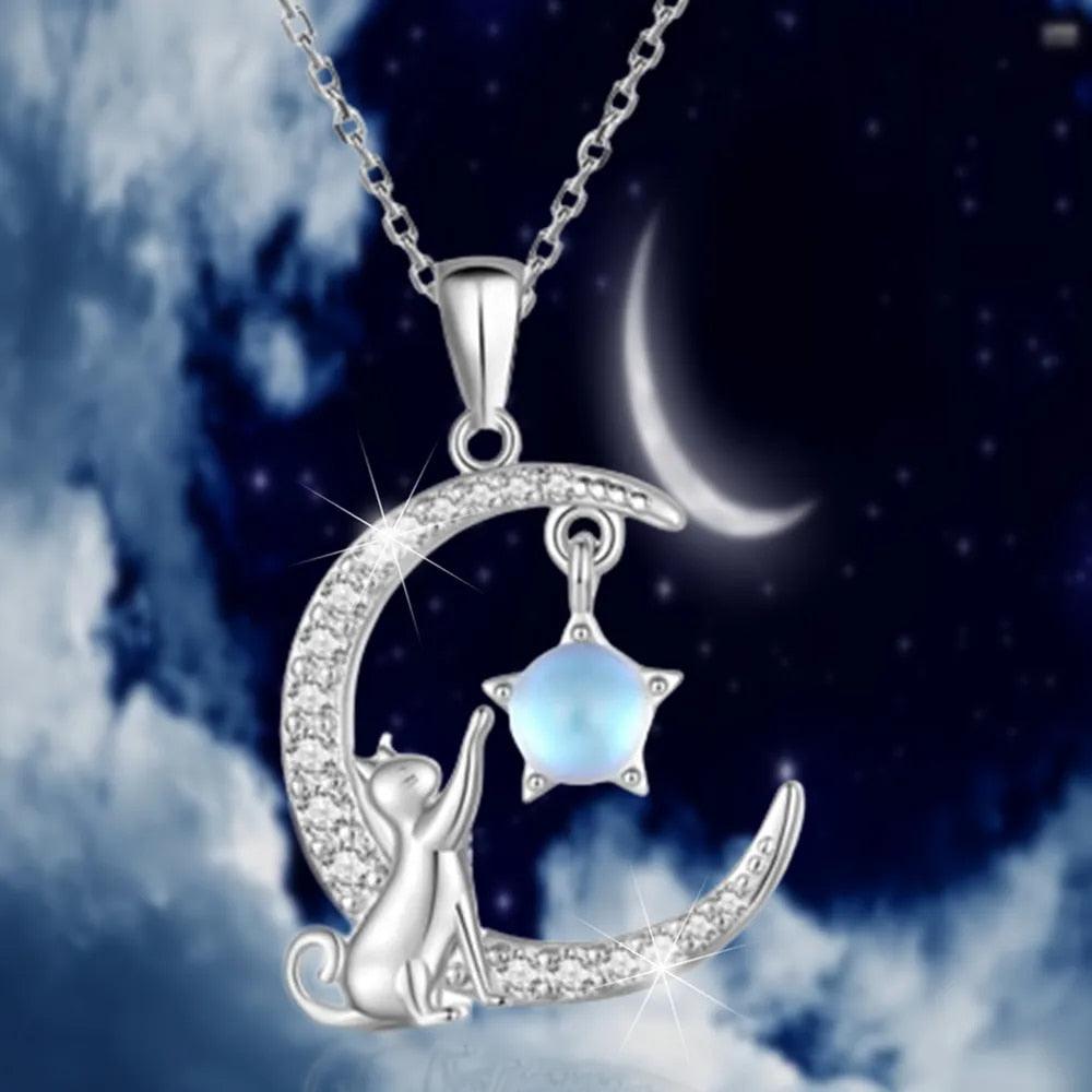 Cat with Moon and Star, Moonstone and Rhinstones Pendant Necklace - Just Cats - Gifts for Cat Lovers
