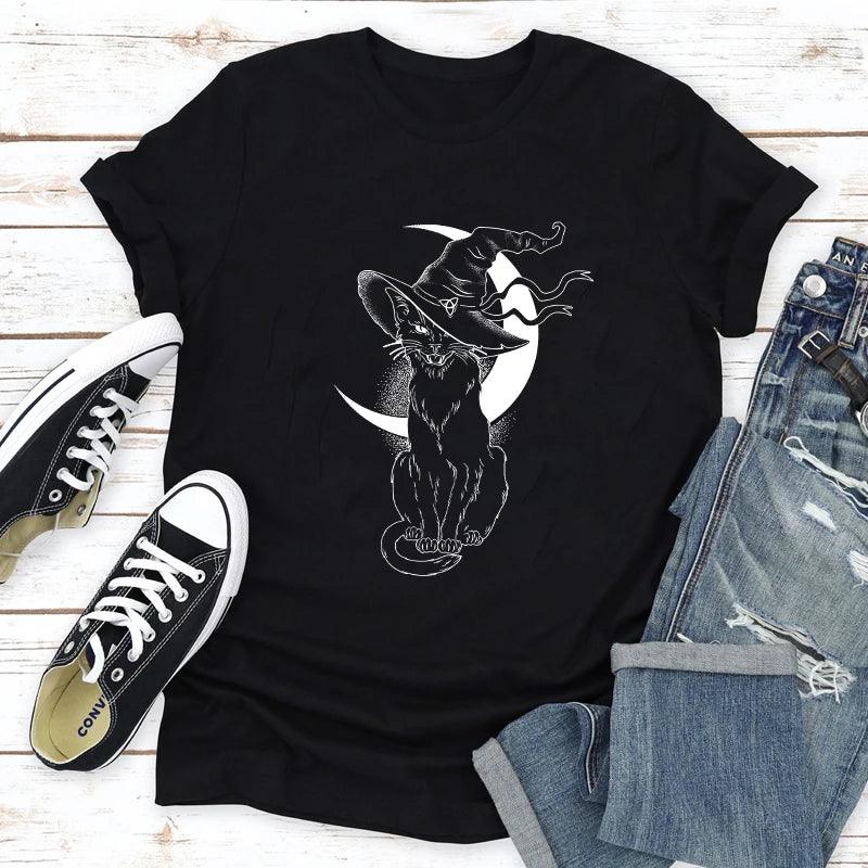 Cat With Witch Hat Printed T-Shirt, 13 Colors, S-3XL - Just Cats - Gifts for Cat Lovers