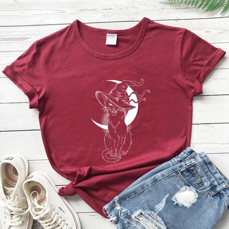 Cat With Witch Hat Printed T-Shirt, 13 Colors, S-3XL - Just Cats - Gifts for Cat Lovers