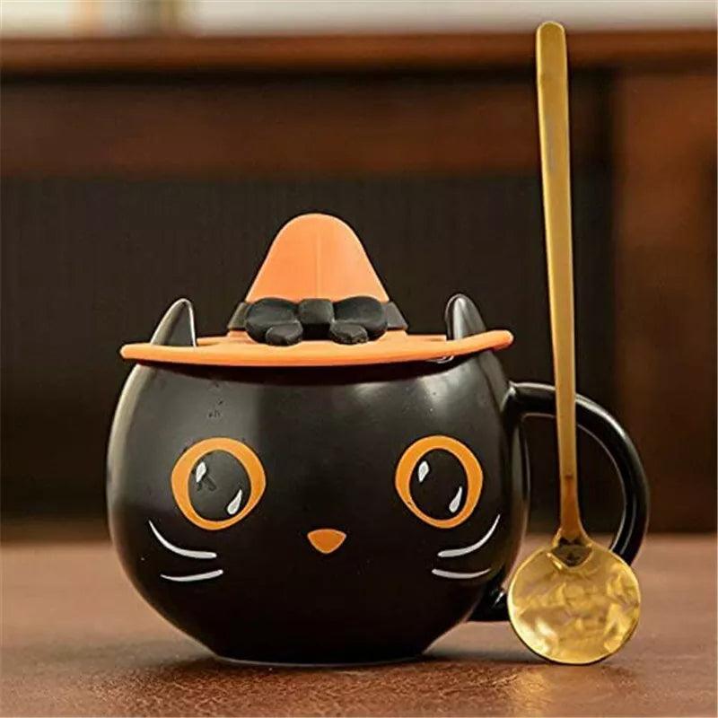 Ceramic Halloween Black Cat Coffee Mug with Spoon &amp; Lid - Just Cats - Gifts for Cat Lovers