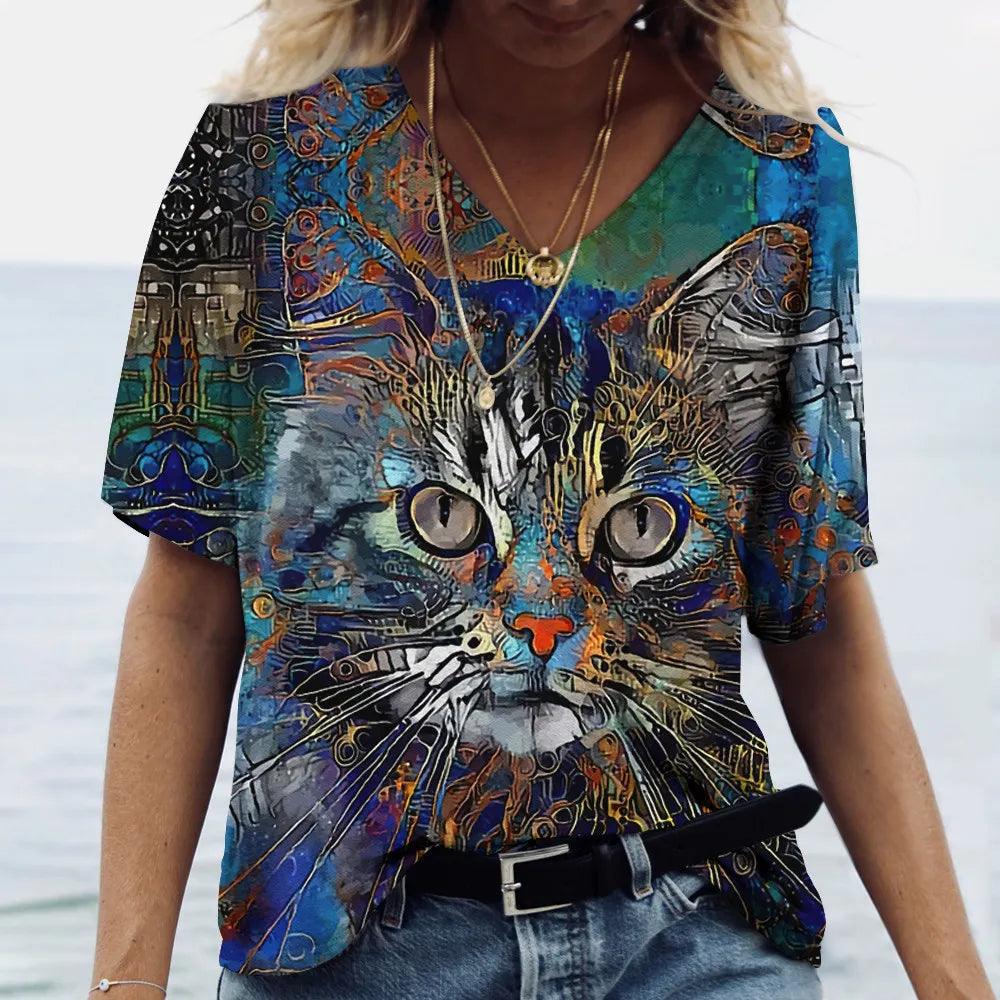 Colourful Cat print Blouse/T-Shirt, 10 Designs, S-4XL - Just Cats - Gifts for Cat Lovers