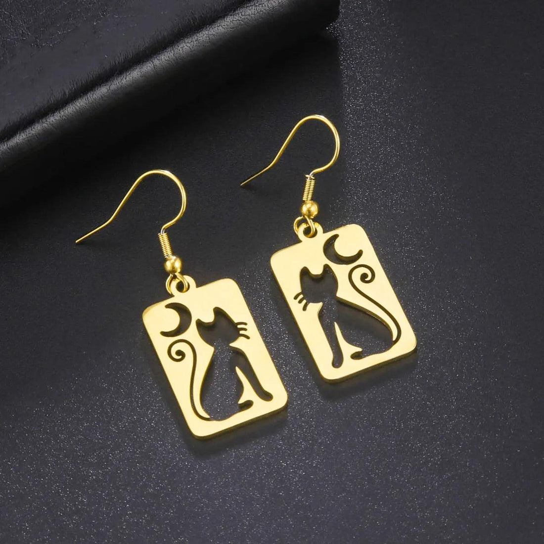Crescent Moon Cat Stainless Steel Drop Earrings - Just Cats - Gifts for Cat Lovers