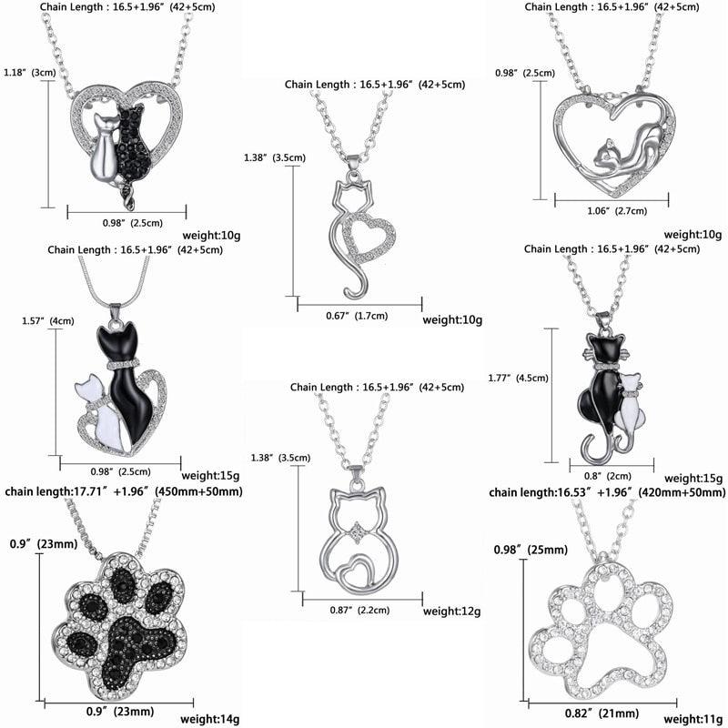 Crystal Rhinestone Black and White Cat and Paw Pendant Necklaces - Just Cats - Gifts for Cat Lovers