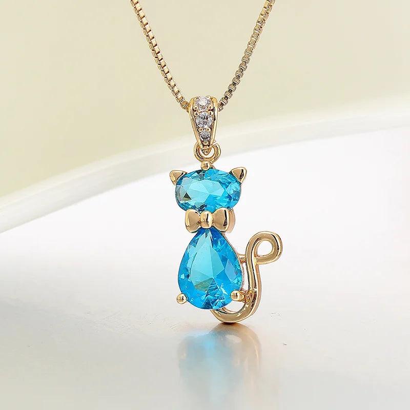 Cubic Zirconia Cat Pendant Necklace, 6 Colors - Just Cats - Gifts for Cat Lovers