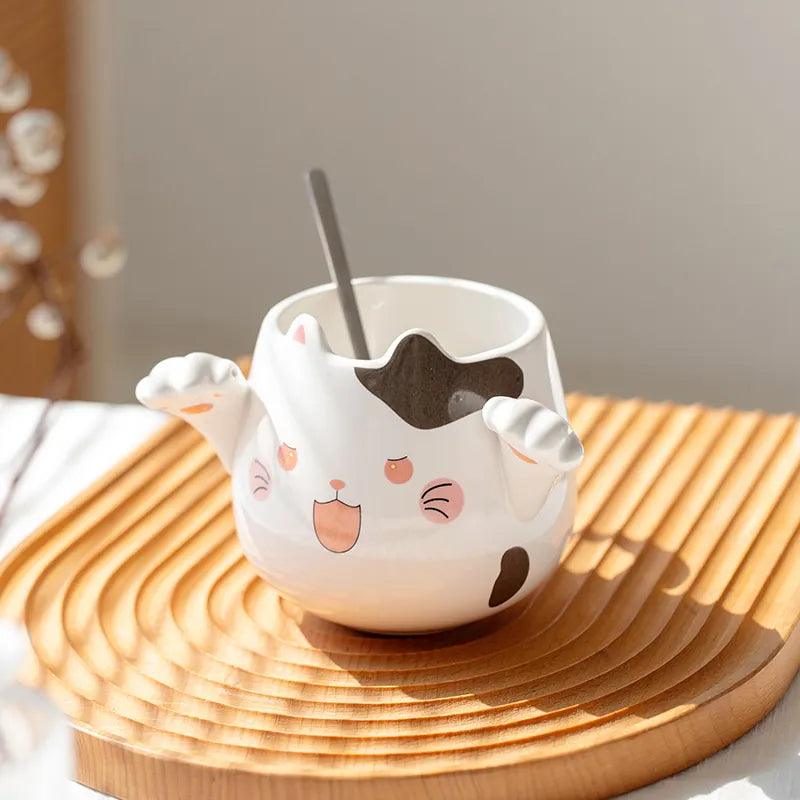 Cute Cartoon Cat Mug/Bowl With Spoon, 3 Designs - Just Cats - Gifts for Cat Lovers