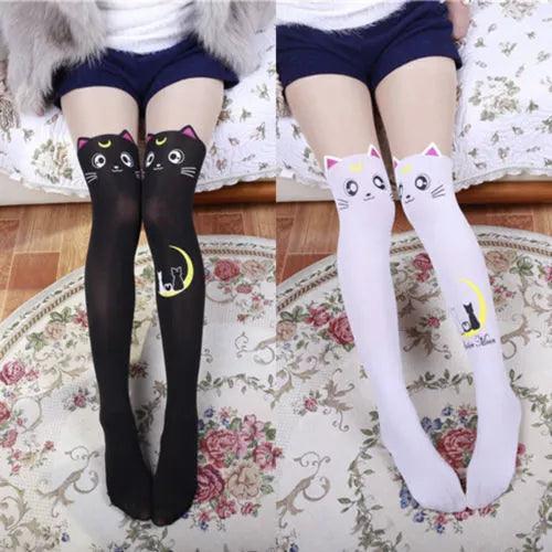Cute Cat and Moon Pantyhose, Black/White - Just Cats - Gifts for Cat Lovers