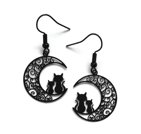 Elegant Cat and Moon Drop Earrings, Black - Just Cats - Gifts for Cat Lovers