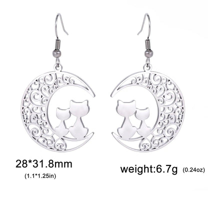 Elegant Stainless Steel Cat and Moon Drop Earrings, Silver/Gold - Just Cats - Gifts for Cat Lovers