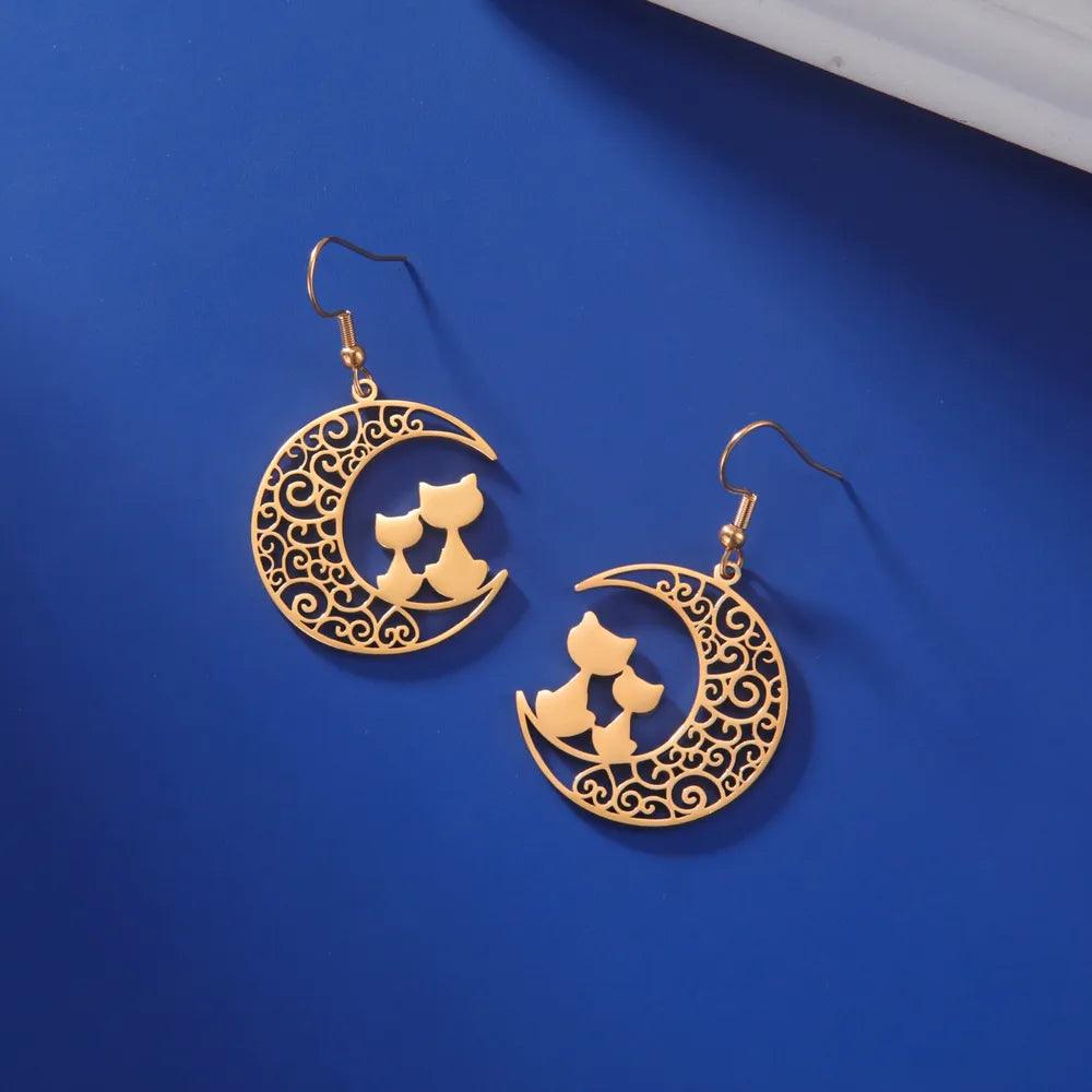 Elegant Stainless Steel Cat and Moon Drop Earrings, Silver/Gold - Just Cats - Gifts for Cat Lovers
