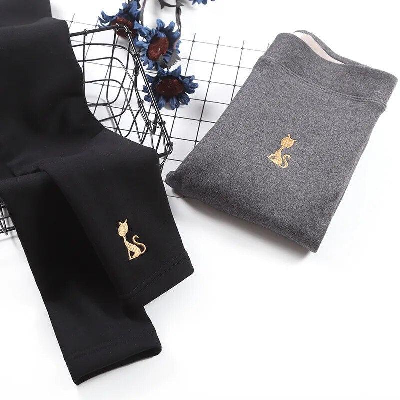 Embroidery Cat Cotton Soft Thermal Winter Leggings, Black/Grek, 2 Flexible Sizes - Just Cats - Gifts for Cat Lovers