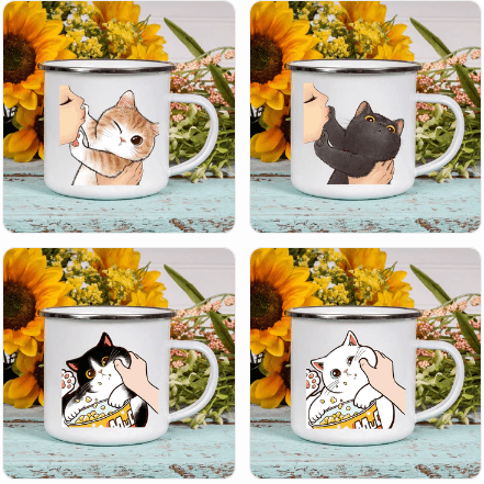 Funny Cartoon Cat Print Enamel Mugs, 2 Designs, 17 variations - Just Cats - Gifts for Cat Lovers