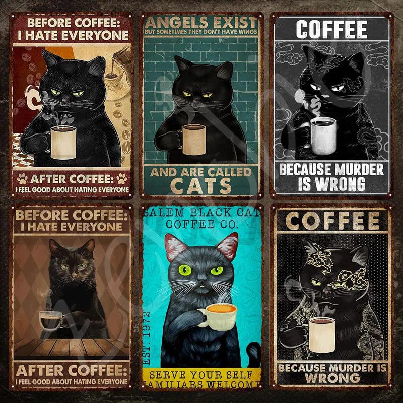 Funny Retro Style Black Cat with Coffe Metal Sign Pictures, 6 Designs - Just Cats - Gifts for Cat Lovers