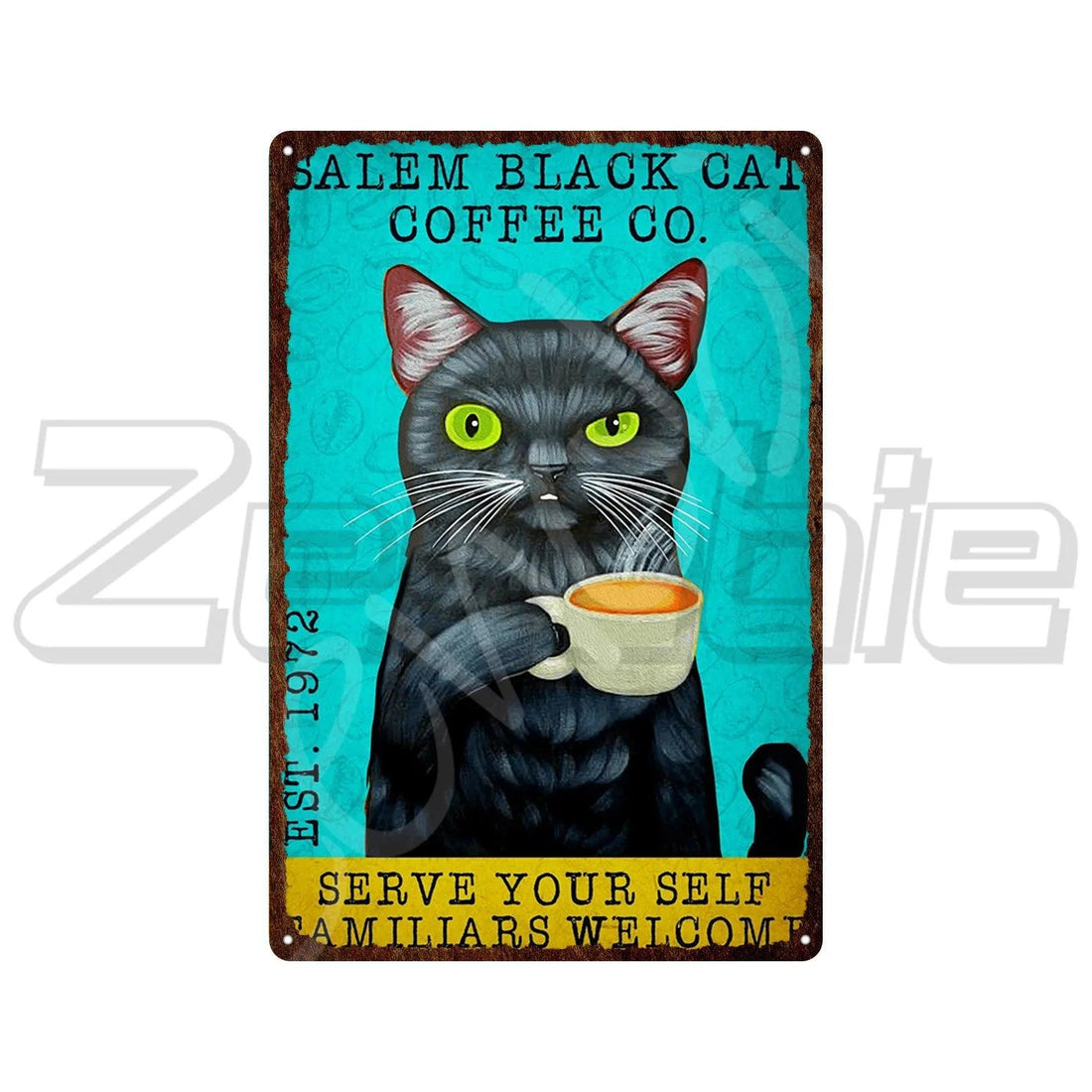 Funny Retro Style Black Cat with Coffe Metal Sign Pictures, 6 Designs - Just Cats - Gifts for Cat Lovers