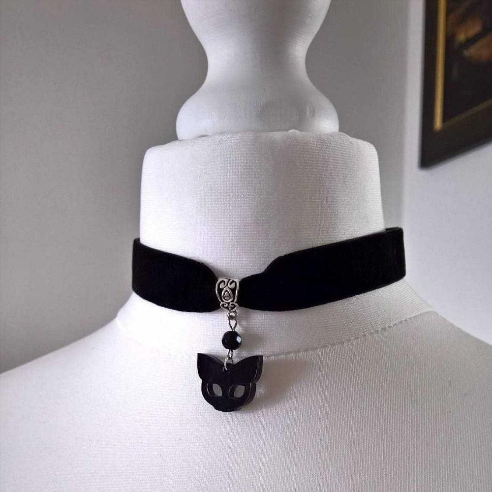 Gothic Black Cat Charm Necklace, Black Velvet Cat Head Pendant Choker - Just Cats - Gifts for Cat Lovers