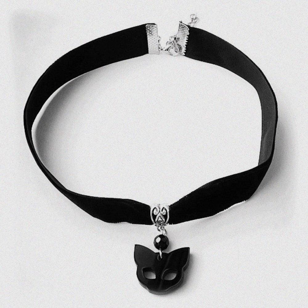 Gothic Black Cat Charm Necklace, Black Velvet Cat Head Pendant Choker - Just Cats - Gifts for Cat Lovers