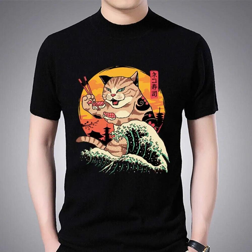 Japanese Style Cartoon Cat Printed T-Shirt, Black, 7 Designs, S-5XL - Just Cats - Gifts for Cat Lovers