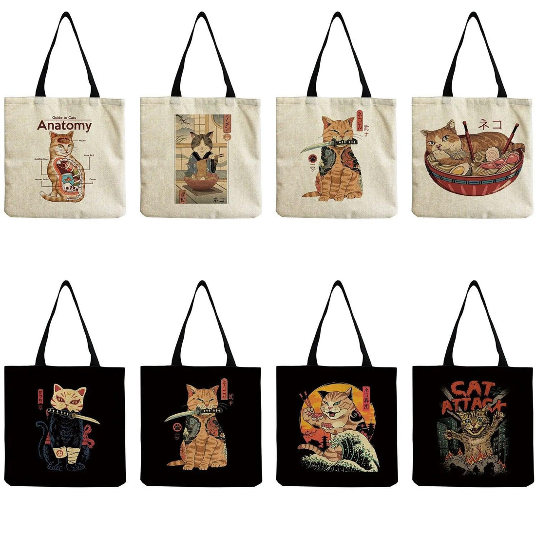 Japanese Style Cat Printed Tote Bag/Shopping Bag, Black/White, 18 designs - Just Cats - Gifts for Cat Lovers