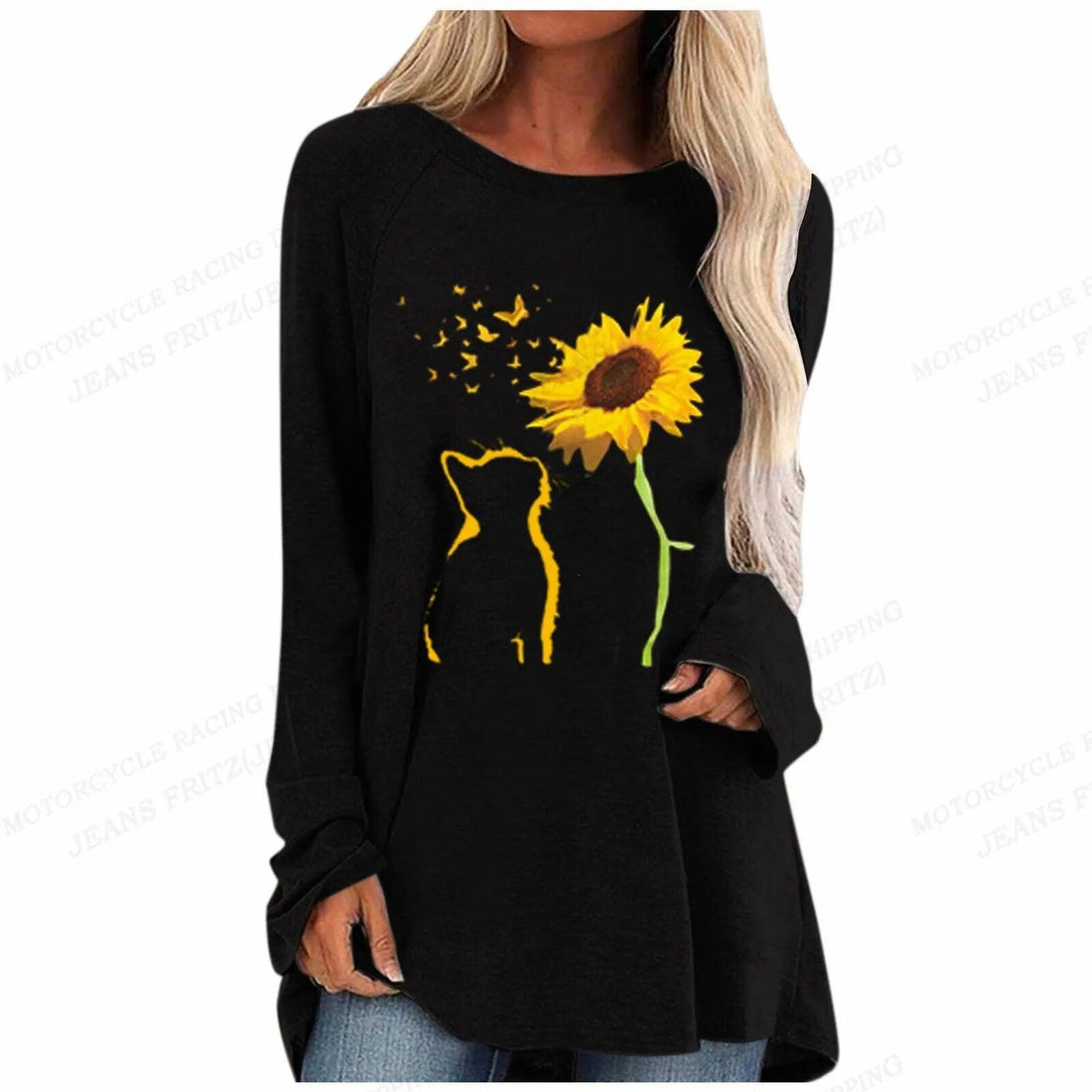 Long Sleeve Oversize Cat &amp; Sunflower Blouse, 4 Colors, S-5XL - Just Cats - Gifts for Cat Lovers