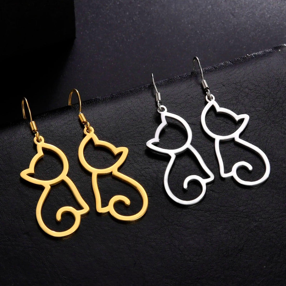 Minimalist Cat Stainless Steel drop Earrings, Silver/Gold - Just Cats - Gifts for Cat Lovers