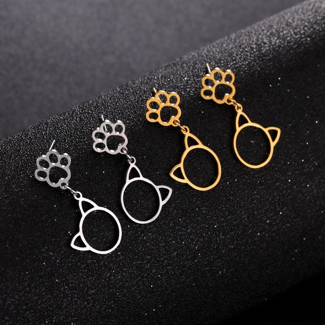 Minimalist Cat Stainless Steel drop Earrings, Silver/Gold - Just Cats - Gifts for Cat Lovers