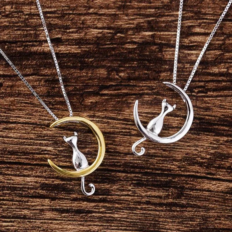 Moon Cat Necklace, Silver/Gold Color - Just Cats - Gifts for Cat Lovers