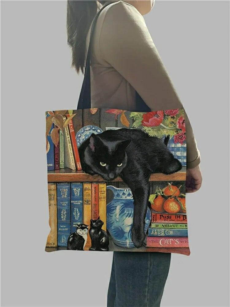 Oil Painting Cat Printed Linen Tote Bag/Shopping Bag - Just Cats - Gifts for Cat Lovers