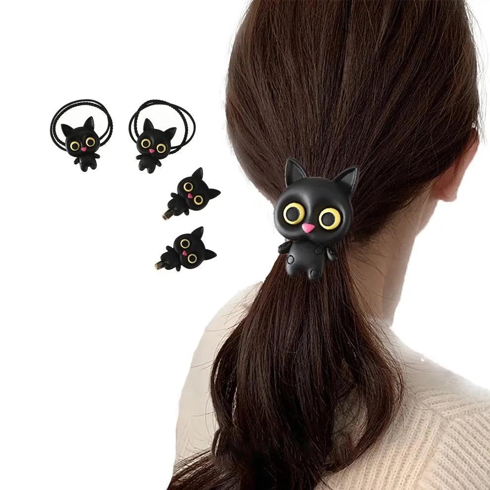 Pair of Black Cat Cartoon Ponytail Bands and Hair Clips, Minimum order 2 Pairs - Just Cats - Gifts for Cat Lovers