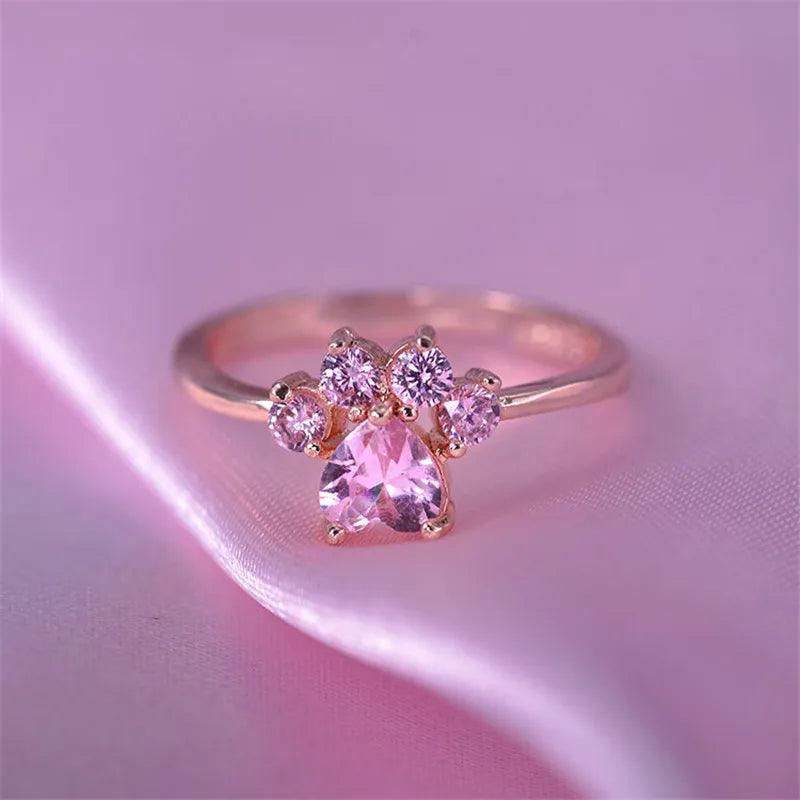 Paw Pink Zircon Ring, Silver/Rose Gold - Just Cats - Gifts for Cat Lovers