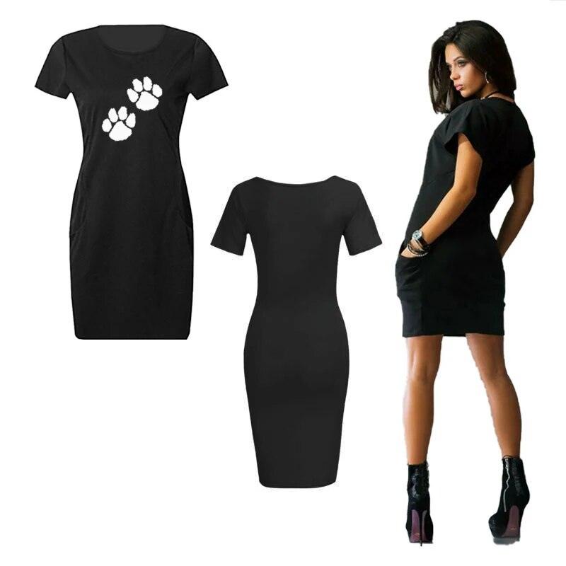 Paw Print Casual Loose Dress, Black/Blue/Red, S-2XL - Just Cats - Gifts for Cat Lovers