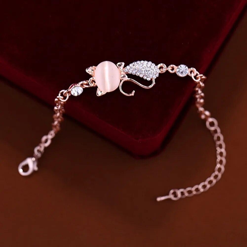 Pink Opal And Rhinstone Cat Adjustable Bracelet - Just Cats - Gifts for Cat Lovers