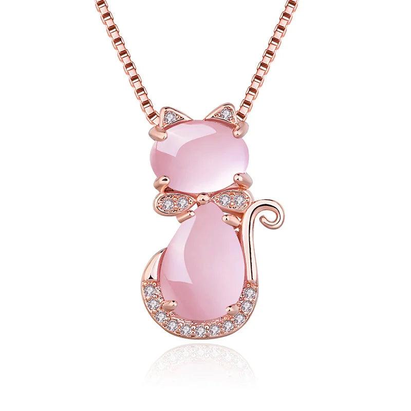 Quartz and Zirconia 925 Silver Cat Pendant Necklace, 3 Colors - Just Cats - Gifts for Cat Lovers