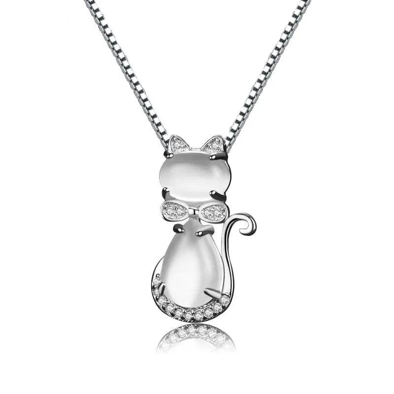 Quartz and Zirconia 925 Silver Cat Pendant Necklace, 3 Colors - Just Cats - Gifts for Cat Lovers