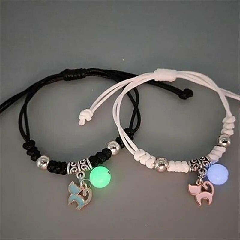 Rope Charm Pair of Bracelets With Cat Couple And Glowing Beads - Just Cats - Gifts for Cat Lovers