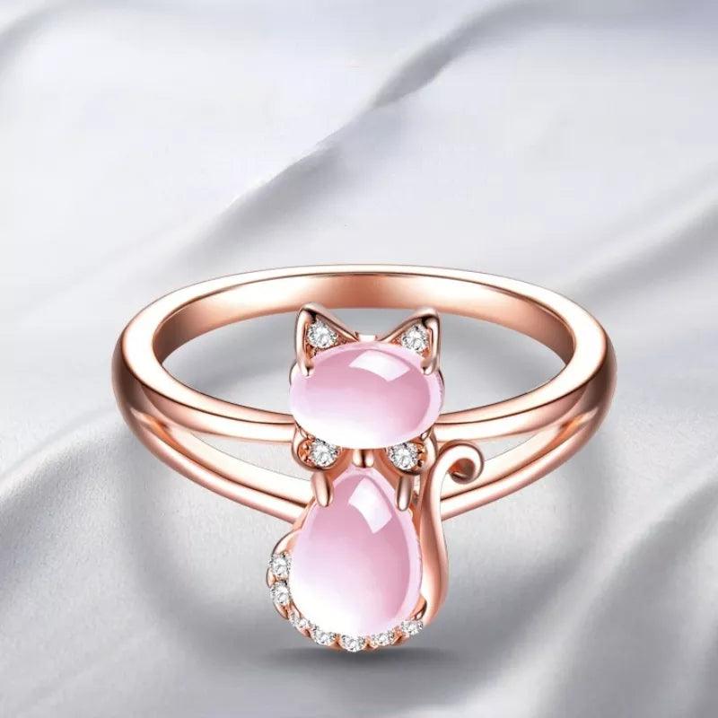 Rose Gold Pink Quartz and Zirconia Cat Ring - Just Cats - Gifts for Cat Lovers