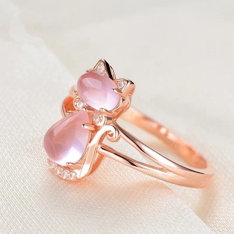 Rose Gold Pink Quartz and Zirconia Cat Ring - Just Cats - Gifts for Cat Lovers