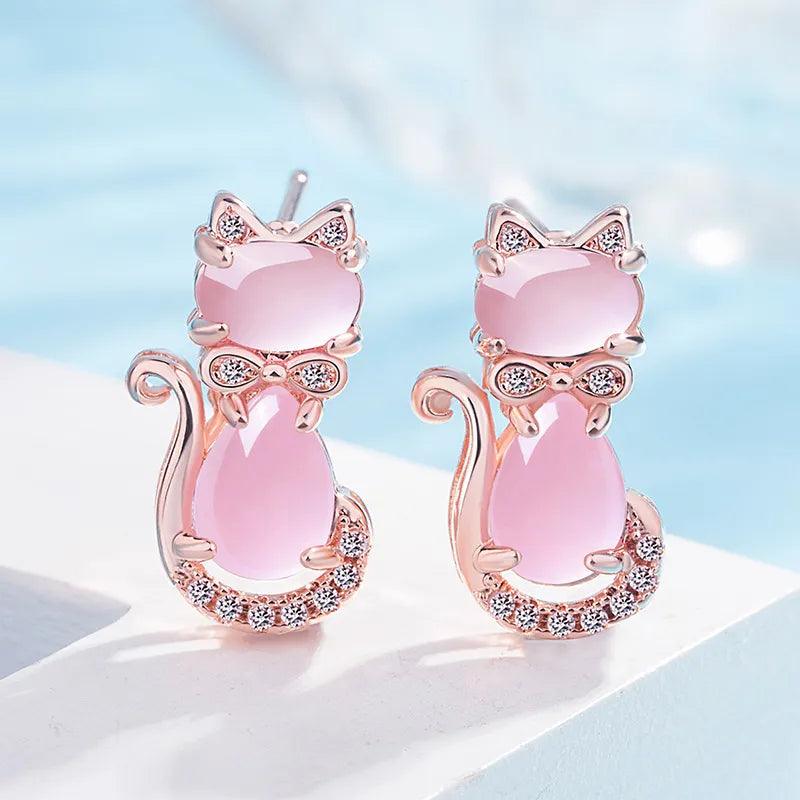 Rose Gold Pink Quartz and Zirconia Stud Earrings - Just Cats - Gifts for Cat Lovers