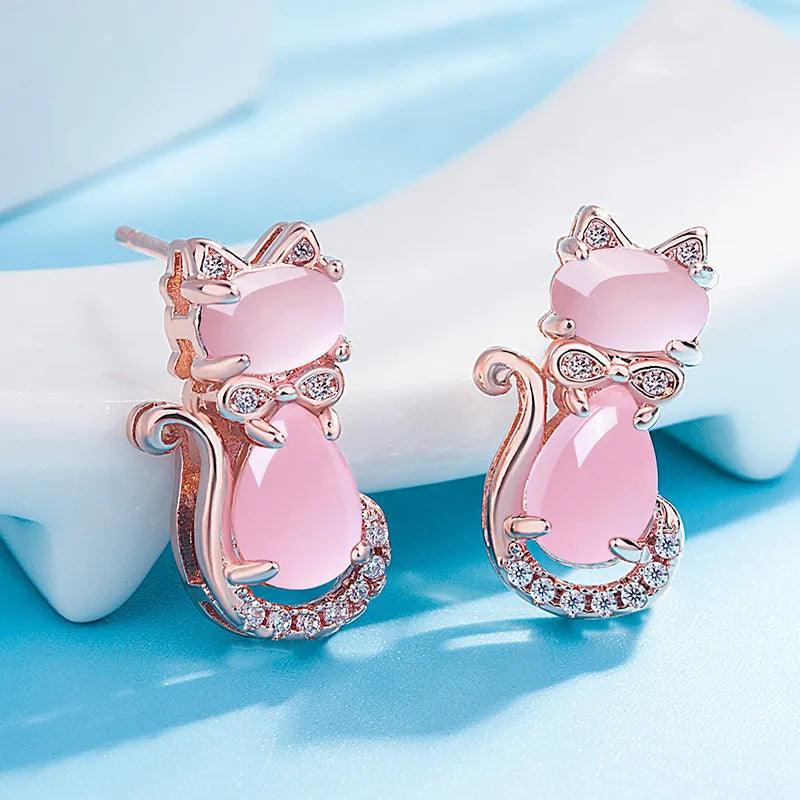 Rose Gold Pink Quartz and Zirconia Stud Earrings - Just Cats - Gifts for Cat Lovers