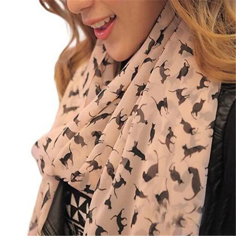 Small Cats Printed Shawl Scarf, Black/Khaki/Pink - Just Cats - Gifts for Cat Lovers
