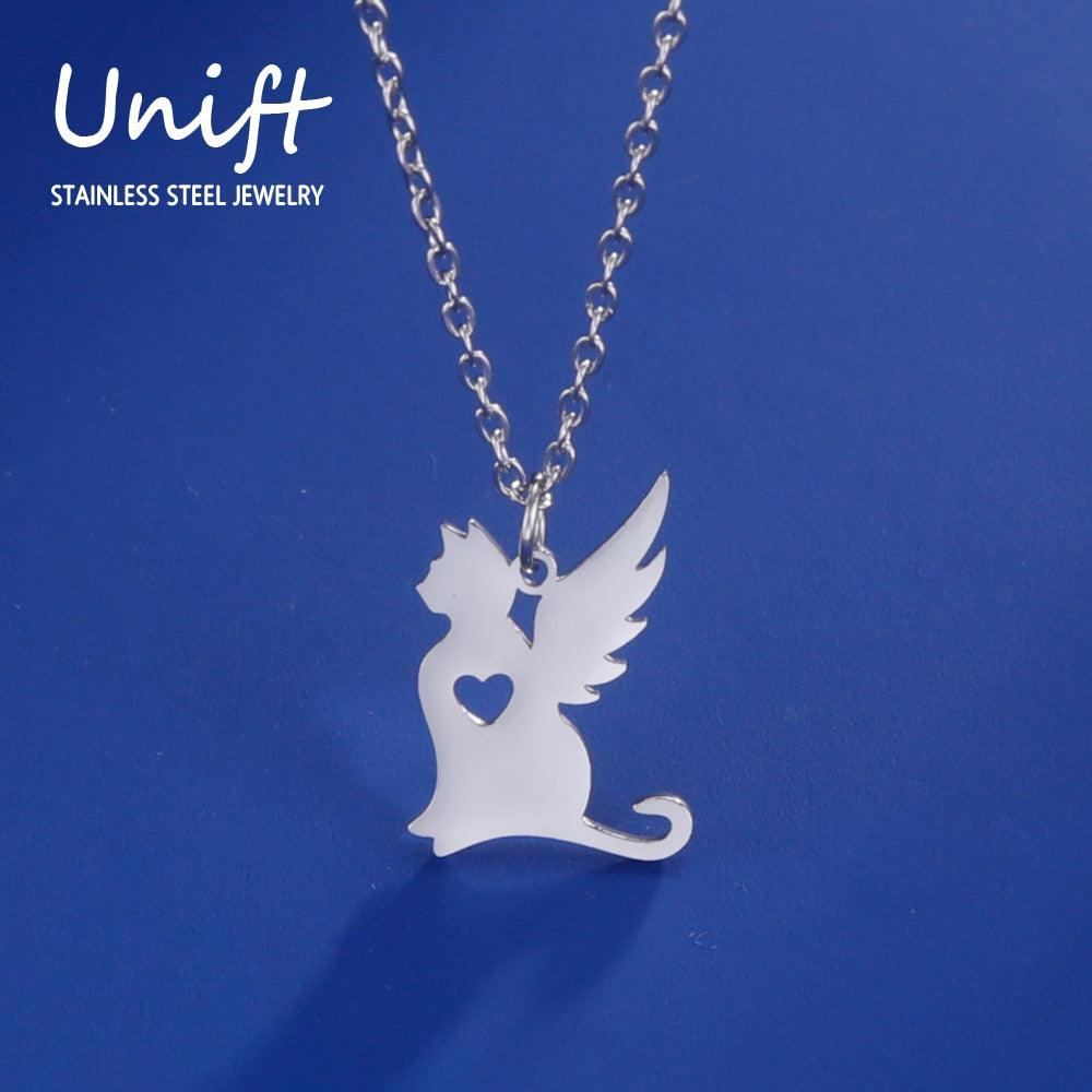 Stainless Steel Angel Cat Necklace with Heart Gold/Silver - Just Cats - Gifts for Cat Lovers