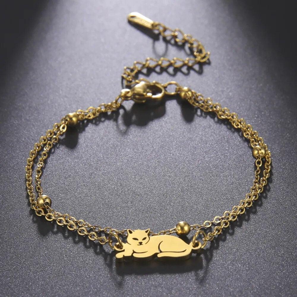 Stainless Steel Cat Bracelets, 4 Designs, 2 Chain Types, Gold/Silver - Just Cats - Gifts for Cat Lovers