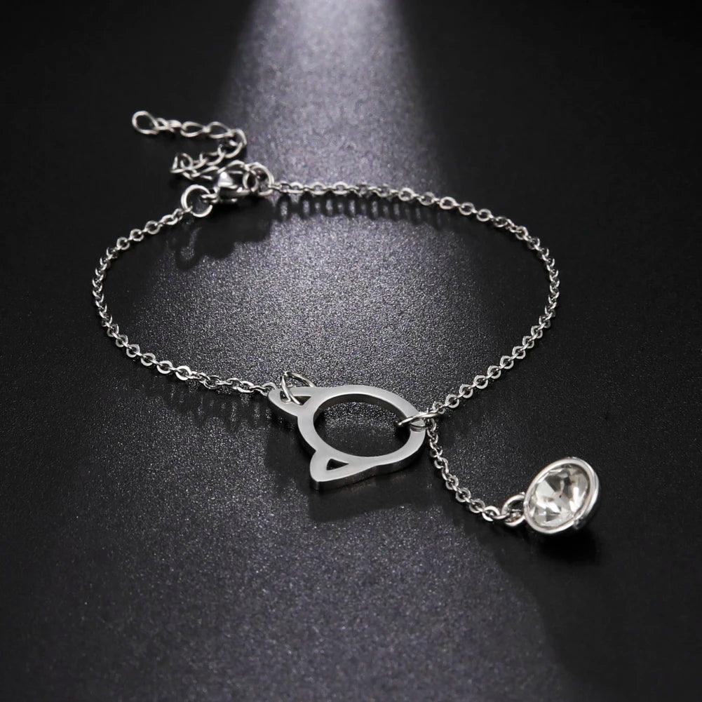Stainless Steel cat head and Crystal Chain Bracelet - Just Cats - Gifts for Cat Lovers
