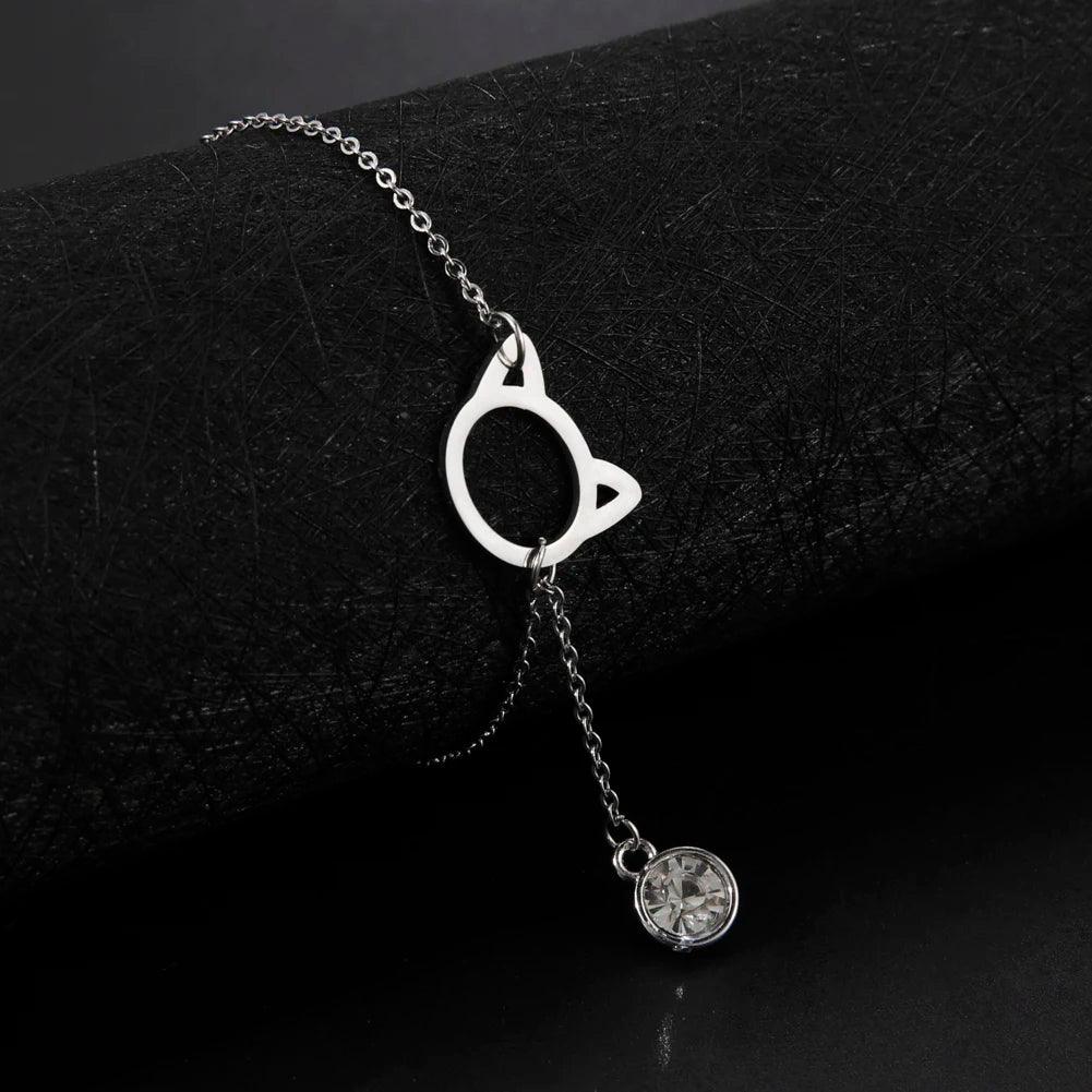 Stainless Steel cat head and Crystal Chain Bracelet - Just Cats - Gifts for Cat Lovers