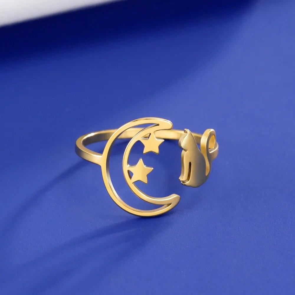 Stainless Steel Crescent Moon and Stars with Cat Ring, Adjustable - Just Cats - Gifts for Cat Lovers