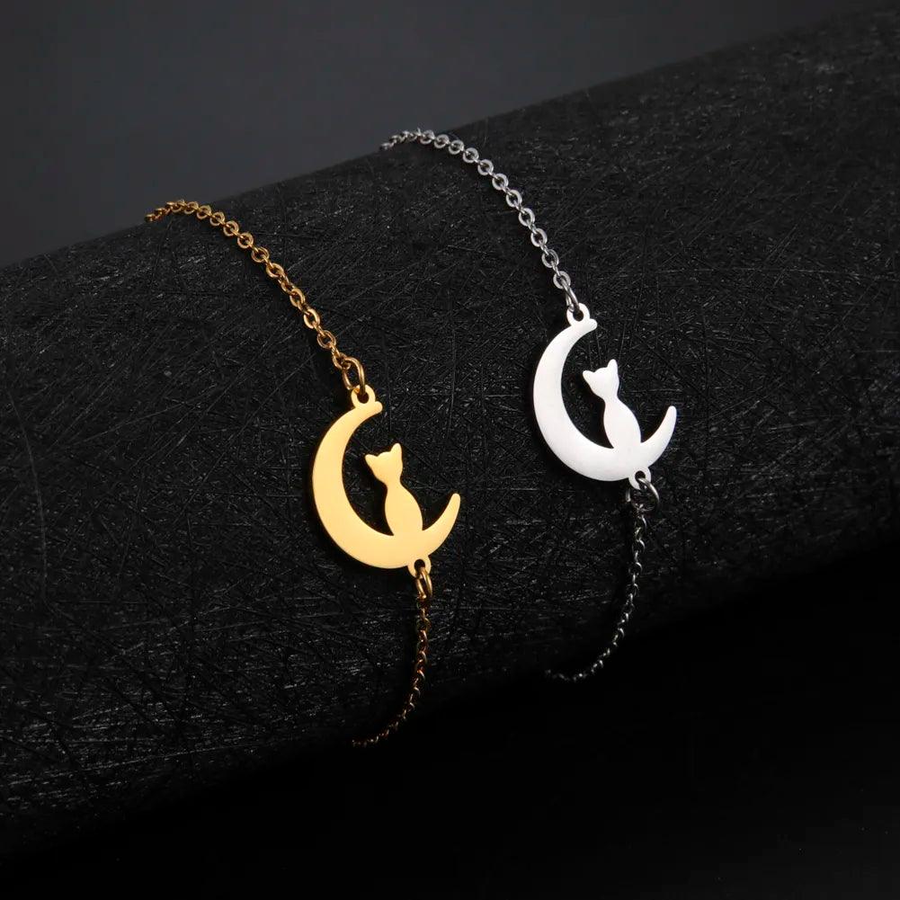 Stainless Steel Crescent Moon Cat charm Bracelets, Silver/Gold - Just Cats - Gifts for Cat Lovers