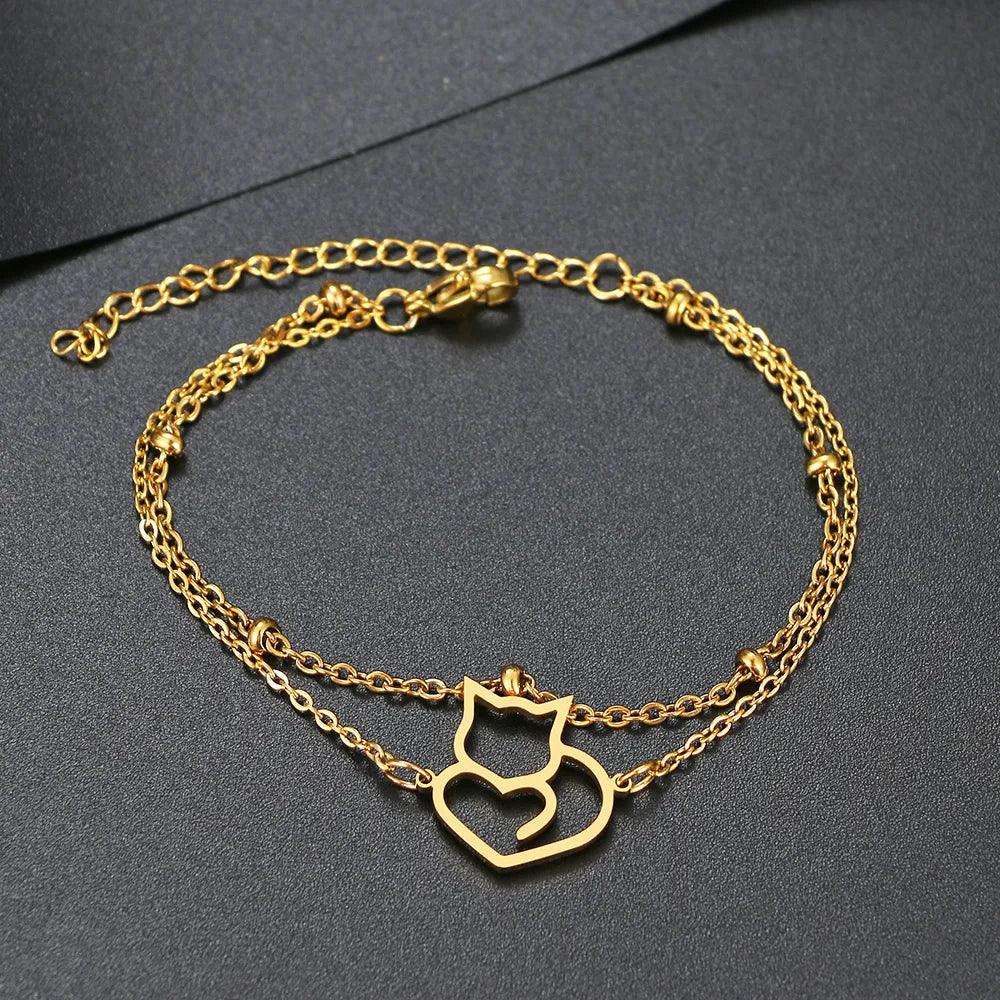 Stainless Steel Double Chain Cat Outline Bracelet, Silver/Gold - Just Cats - Gifts for Cat Lovers