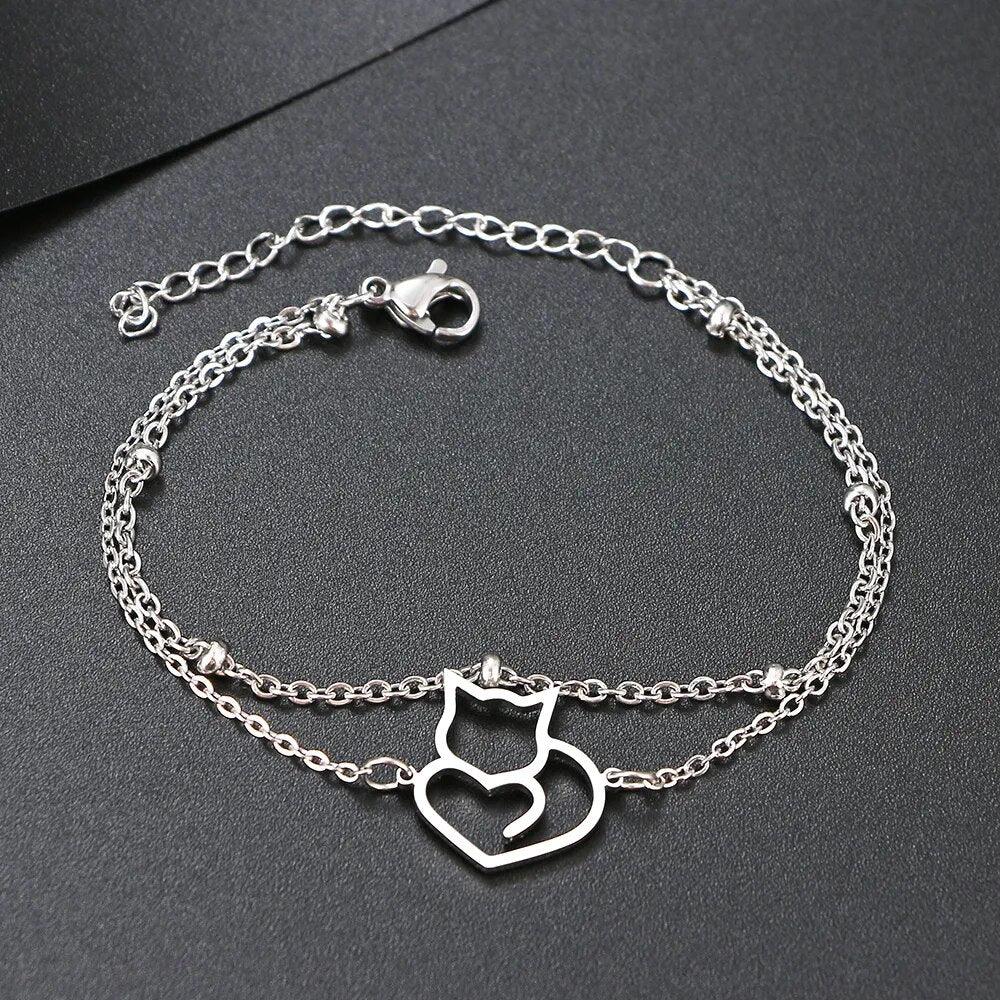 Stainless Steel Double Chain Cat Outline Bracelet, Silver/Gold - Just Cats - Gifts for Cat Lovers