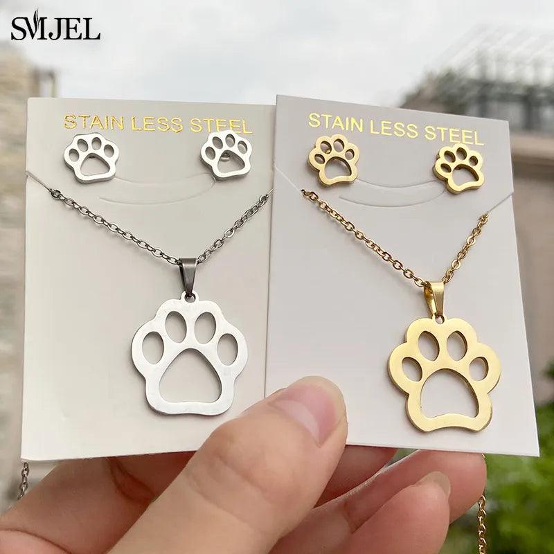 Stainless Steel Hollow Paw/Cat Necklace &amp; Earring set - Just Cats - Gifts for Cat Lovers