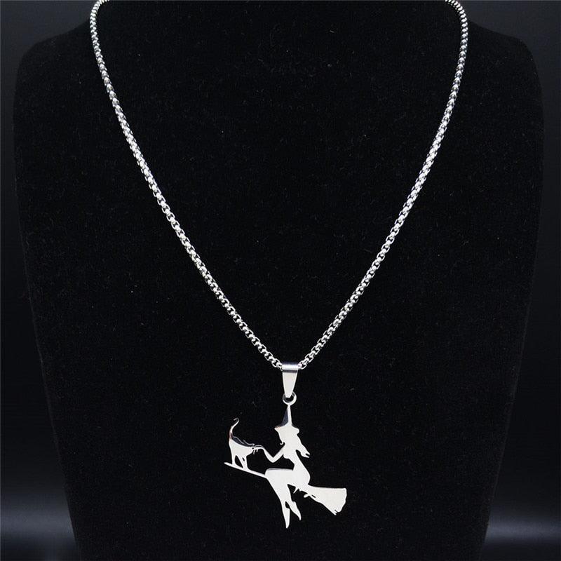 Stainless Steel Witch on broom and cat Silhouette Pendant Necklace Gold/Silver/Black - Just Cats - Gifts for Cat Lovers