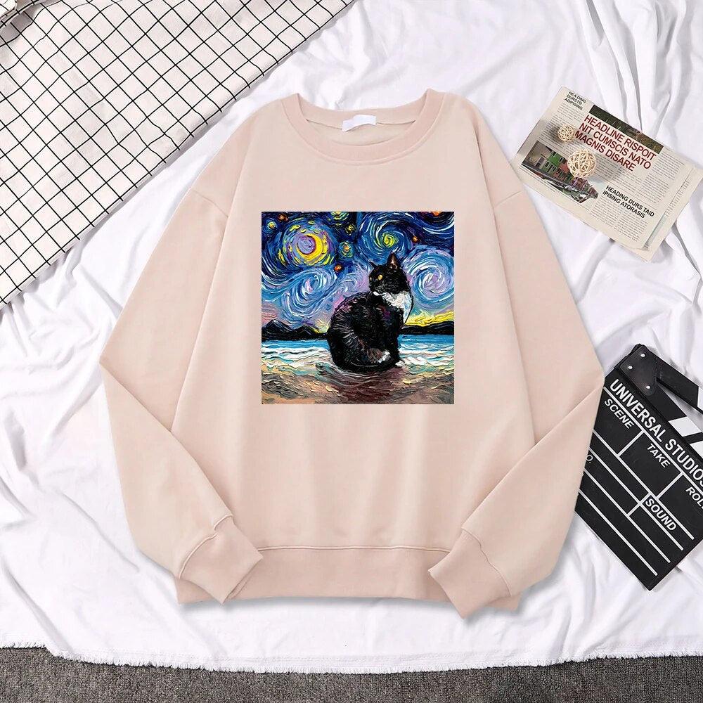 Starry Night Cat Painting Sweatshirt, 10 Colors, S-XXL - Just Cats - Gifts for Cat Lovers